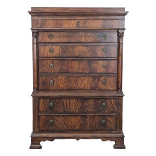 Traditional Burl Wood 7-Drawer Tall Chest With Lion Head Hardware For Sale