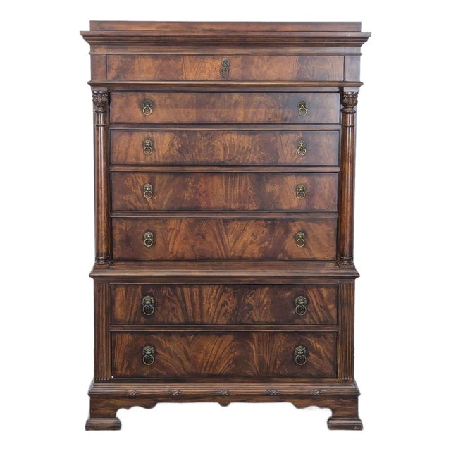 Traditional Burl Wood 7-Drawer Tall Chest With Lion Head Hardware For Sale
