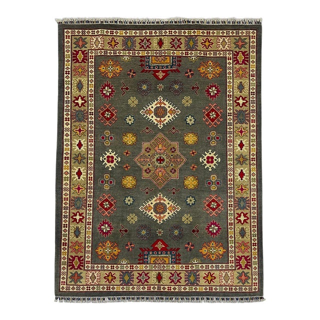 Gray Kazak Wool Rug With Star Medallion, 5'8" X 7'10" For Sale