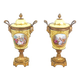 Hand-Painted Vases with Bronzes from Sèvres, 1800s, Set of 2 For Sale