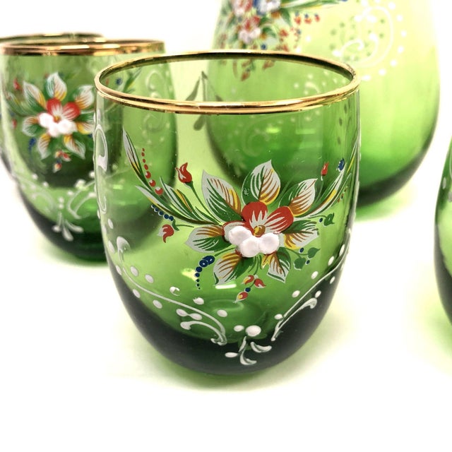 Boho Chic Vintage Hand-Painted Decanter & 6-Glass Set For Sale - Image 3 of 6