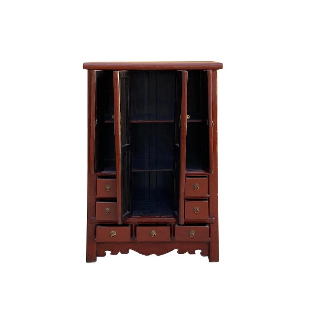 Chinese Vintage Distressed Brick Red Color Narrow a Shape Cabinet For Sale - Image 4 of 6
