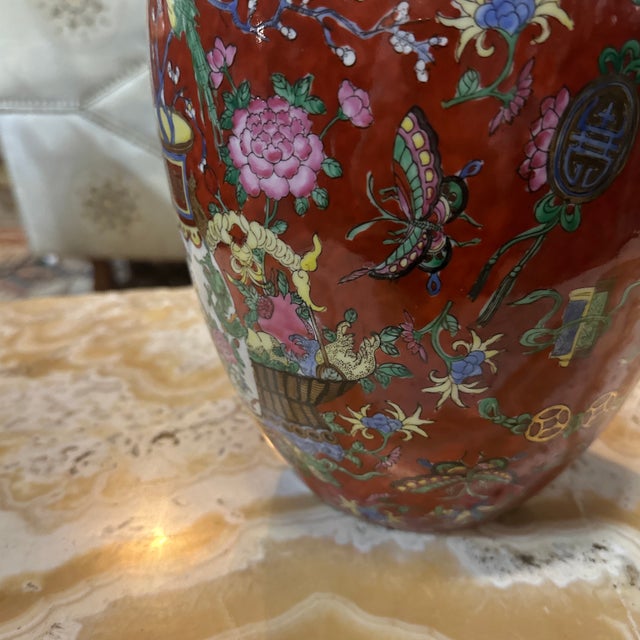 Vintage Ceramic Asian Red Detailed Vase With Floral Accents For Sale In Atlanta - Image 6 of 8