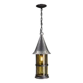 Antique Arts and Crafts Wrought Iron and Hand-Blown Amber Glass Pendant Lantern, 1890 For Sale