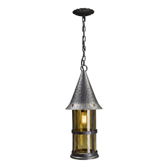 Antique Arts and Crafts Wrought Iron and Hand-Blown Amber Glass Pendant Lantern, 1890 For Sale