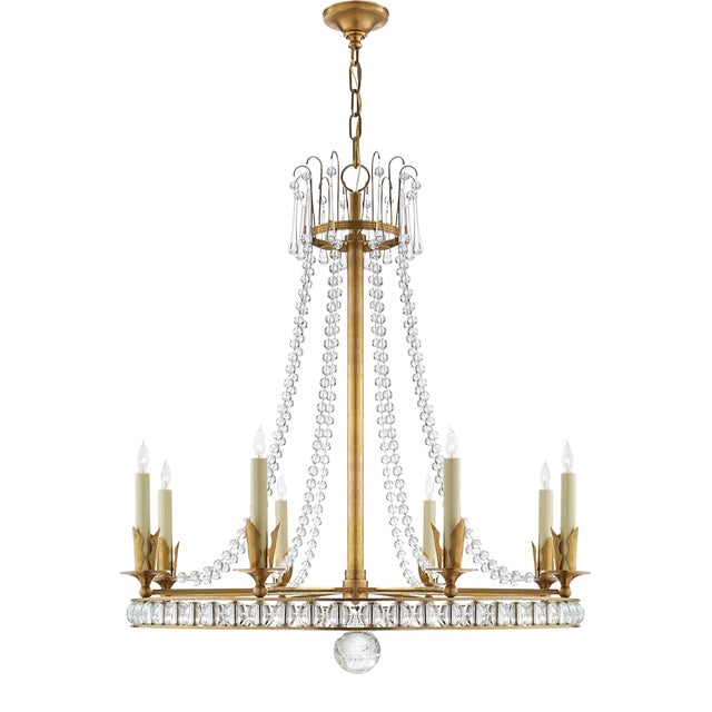 Joe Nye for Visual Comfort Signature Regency Large Chandelier in Hand-Rubbed Antique Brass with Seeded Glass For Sale