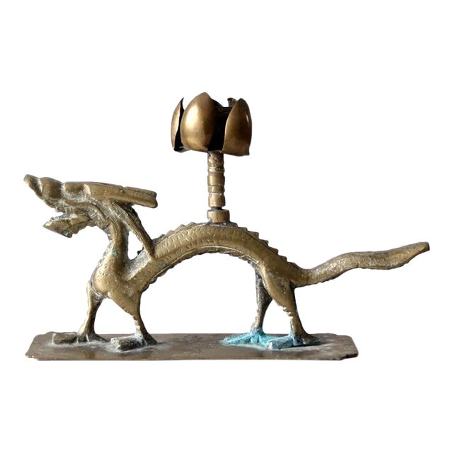 Vintage Chinese Brass Dragon Candlestick Holder For Sale