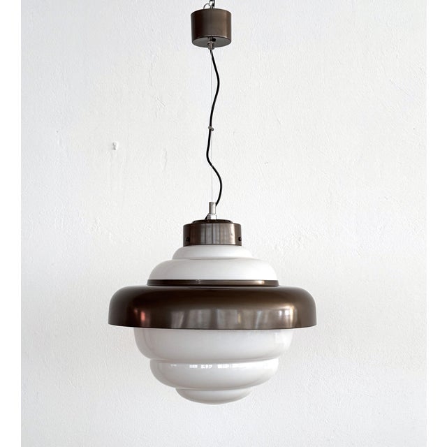Gray Vintage Italian White Glass Pendant Light with Aluminum Ring, 1980s For Sale - Image 8 of 15