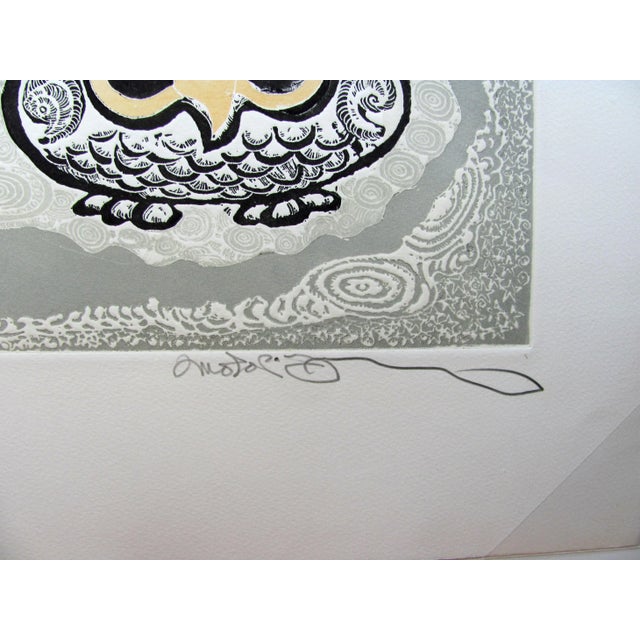 Motoi-Oi Authentic Three Owls Ground Etching Fine Art Limited Edition Hand Signed Plate Print For Sale - Image 6 of 11