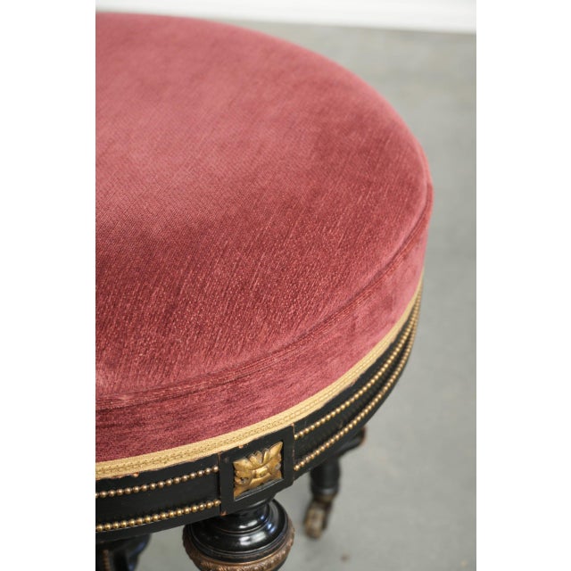 Wood Antique English Stool with Red Fabric Seat and Black Wooden Base with Gold-Colored Details For Sale - Image 7 of 12