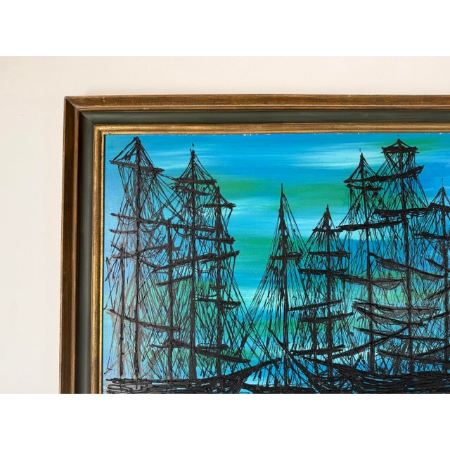1970s 1970s Mid-Century Modern Harbor Boats Landscape Acrylic Painting on Board, Signed For Sale - Image 5 of 12
