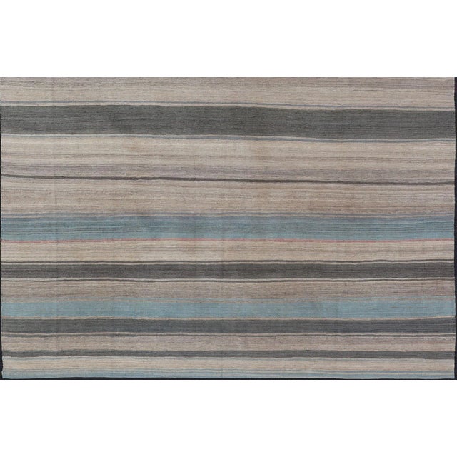 Modern Kilim Rug With Large Stripes in Shades of Blue Taupe Gray For Sale - Image 10 of 13