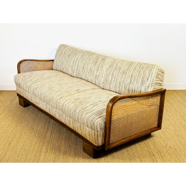 Beige Art Deco Living Room Set in Curved Wood with Tweed and Cane, 1950s, Set of 3 For Sale - Image 8 of 18