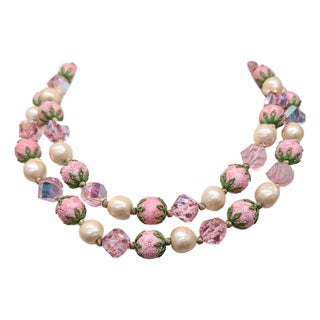 Vintage 1960s Signed Vendome Pink Beaded Faux-Pearl Necklace For Sale