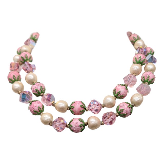Vintage 1960s Signed Vendome Pink Beaded Faux-Pearl Necklace For Sale