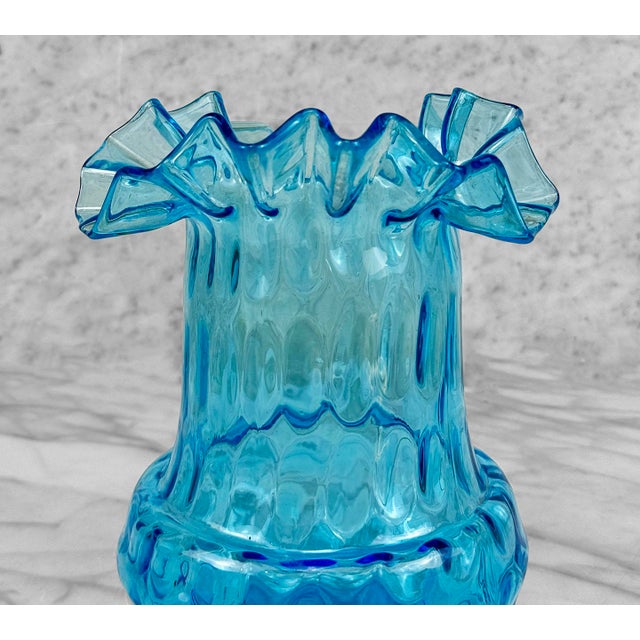 Vintage Peacock Blue Ruffled Art Glass 8" Vase For Sale - Image 4 of 8