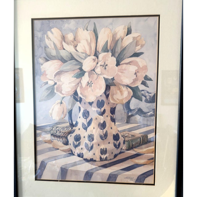 Vintage Jerianne Van Dijk Oversized Framed Floral Lithograph – Pink Tulips in Delft Pitcher For Sale - Image 10 of 16