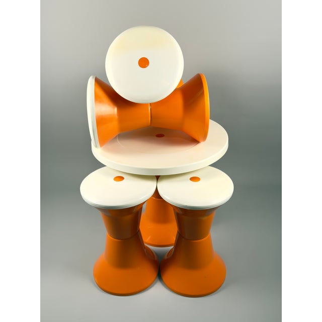 Plastic Italian-Style Space Age Stools and Table Set in Orange and White Plastic, 1970s, Set of 5 For Sale - Image 7 of 14