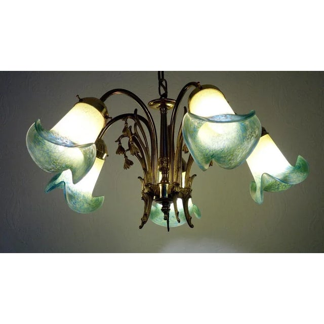 Blue French Brass Pate De Verre Hanging Lamp, 1950s For Sale - Image 8 of 13