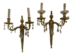 1900's French Gilt Bronze Sconces With Rock Crystals - Pair