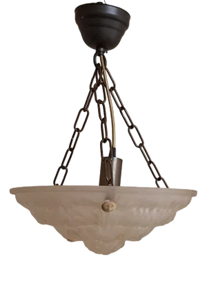Art Deco French Ceiling Lamp with Matt Pressed Glass Lampshade with Floral Decoration on Brass Mount by Degue, 1930s