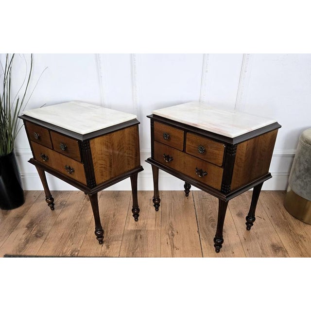 Metal Mid-Century Italian Art Deco Style Wood Bedside Tables with Marble Tops, 1950s, Set of 2 For Sale - Image 7 of 11