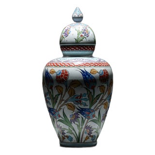 Handmade Ceramic Lidded Jar (30cm) – The Vizier Vase – Purple & Yellow Florals with Braided Red Trim For Sale