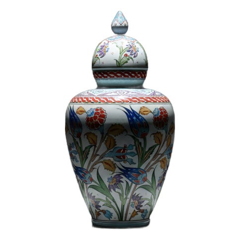 Handmade Ceramic Lidded Jar (30cm) – The Vizier Vase – Purple & Yellow Florals with Braided Red Trim For Sale