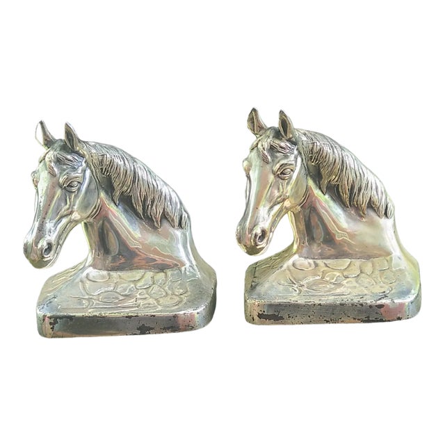 Vintage Decorative Equestrian Horse Head Silvered Metal Bookends Marked Pmc88- Set of 2 For Sale