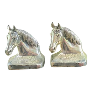 Vintage Decorative Equestrian Horse Head Silvered Metal Bookends Marked Pmc88- Set of 2