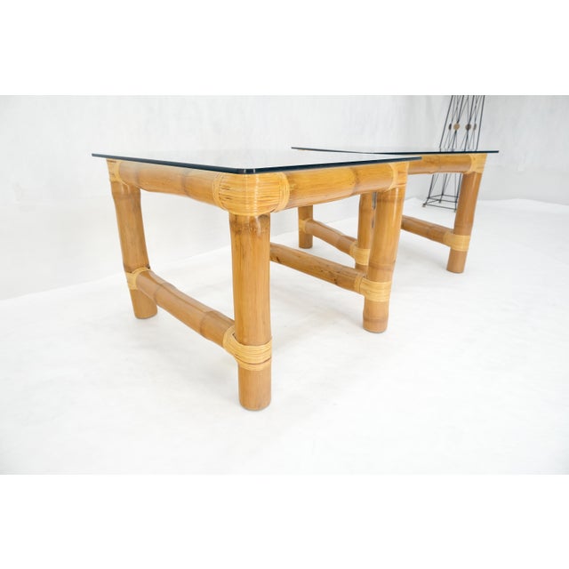 Late 20th Century Pair Thick Bamboo Glass Top Rectangle Glass Top End Side Lamp Tables MINT For Sale - Image 5 of 18