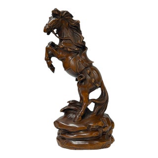 7" Small Brown UpRearing Spirited Details Motifs Wood Horse Figure For Sale
