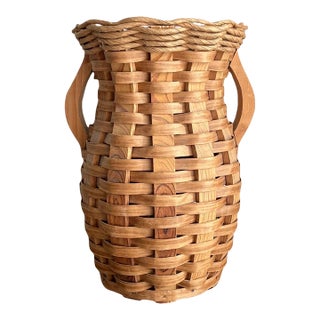 Large 1990s Vintage Wicker Rattan Scalloped Vase For Sale