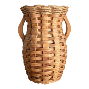 Large 1990s Vintage Wicker Rattan Scalloped Vase