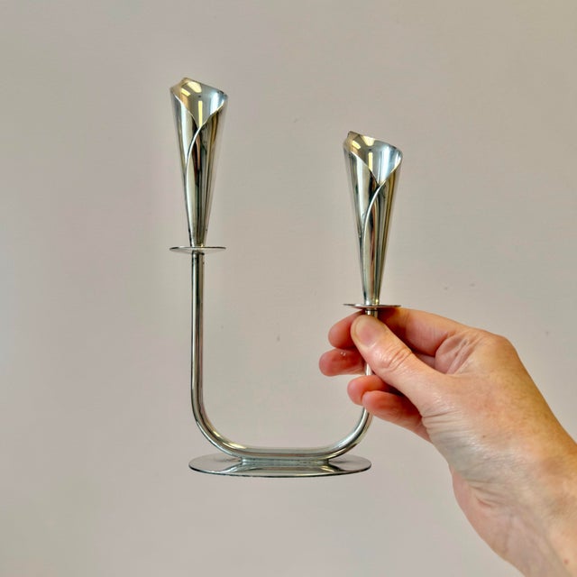 1960s Pair of Mid-Century Danish Silver Plated Calla Lily Candlestick Holders by Hans Jensen For Sale - Image 5 of 9