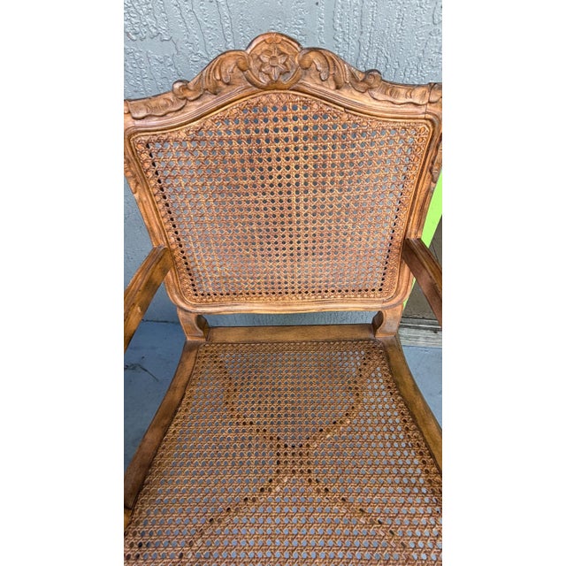 French 1960s Pair Carved French Dark Wood All Cane Chairs Clean Cushions For Sale - Image 3 of 4
