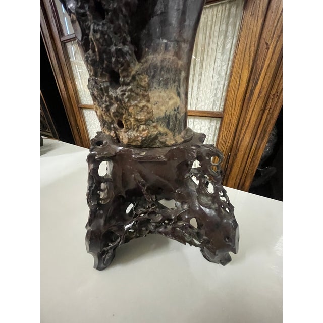 Antique Chinese Elaborately Carved Natural Hard-Stone Table Lamps—A Pair For Sale - Image 12 of 18