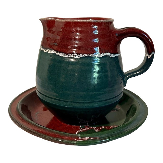 Vintage Bill Stewart Green & Burgundy Dripware Stoneware Batter Pitcher & Serving Bowl Set For Sale