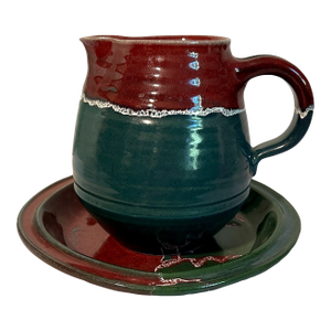 Vintage Bill Stewart Green & Burgundy Dripware Stoneware Batter Pitcher & Serving Bowl Set