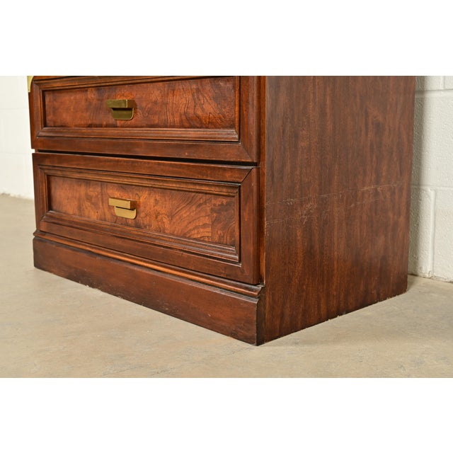 Henredon Style Mid-Century Modern Hollywood Regency Campaign Burled Walnut Bookcase With Drop Front Secretary Desk, Circa 1970s For Sale - Image 11 of 15