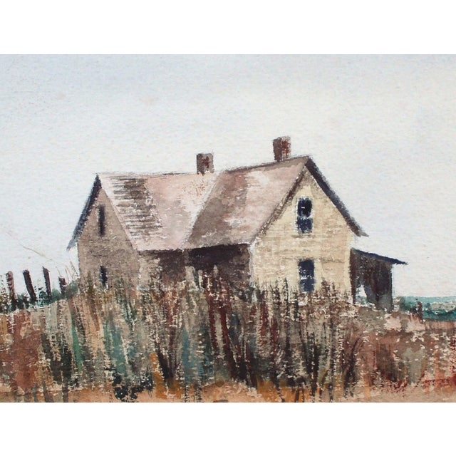 Tranquil landscape of a seaside barn on the sand surrounded by coastal plants, in soft neutral watercolors, by an unknown...