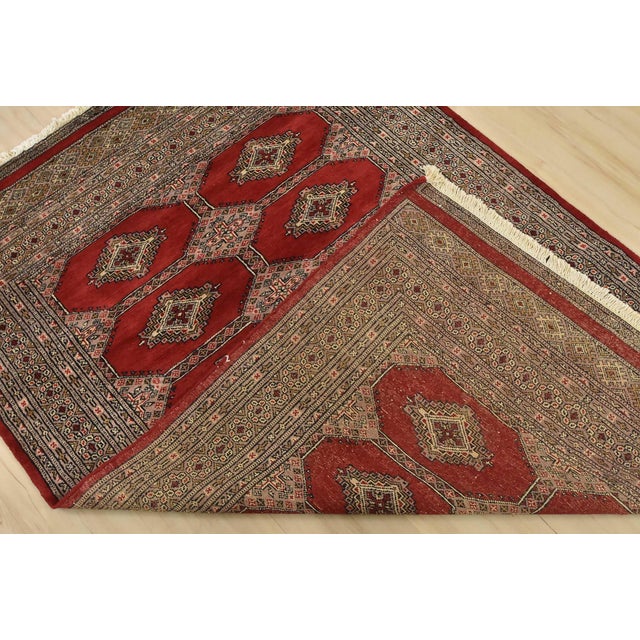 Bokhara Jaldar Rug 4’1” X 6′ Red Wool Tribal Hand-Knotted Oriental Carpet For Sale - Image 11 of 12