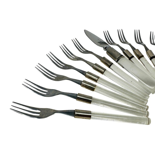 Metal Vintage Frontier Forge Lucite Flatware Set of 13 | MCM Service for 12, Cake Forks and Server | Clear Acrylic Japan Retro For Sale - Image 7 of 13