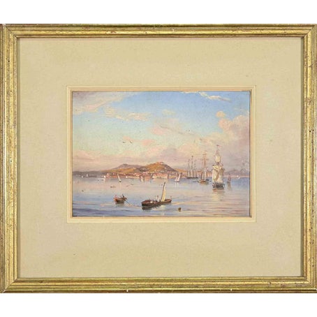 Unknown, View of the Gulf of Naples, 19th Century, Gouache on Paper, Framed For Sale