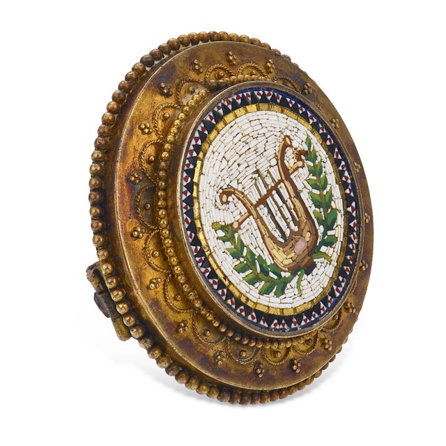 Late 19th Century Victorian Enamel Micromosaic 22k Yellow Gold Lyre Brooch For Sale - Image 4 of 6