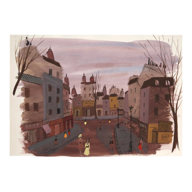 Charles Levier Paris Street Scene, Watercolor by Charles Levier circa 1960 For Sale