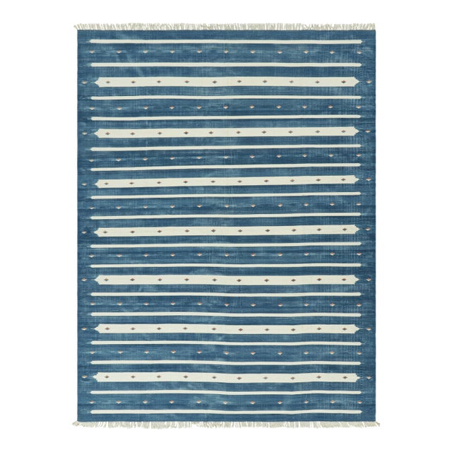 Rug & Kilim's Contemporary Dhurrie Rug in Blue with White Stripes - 9x12 For Sale