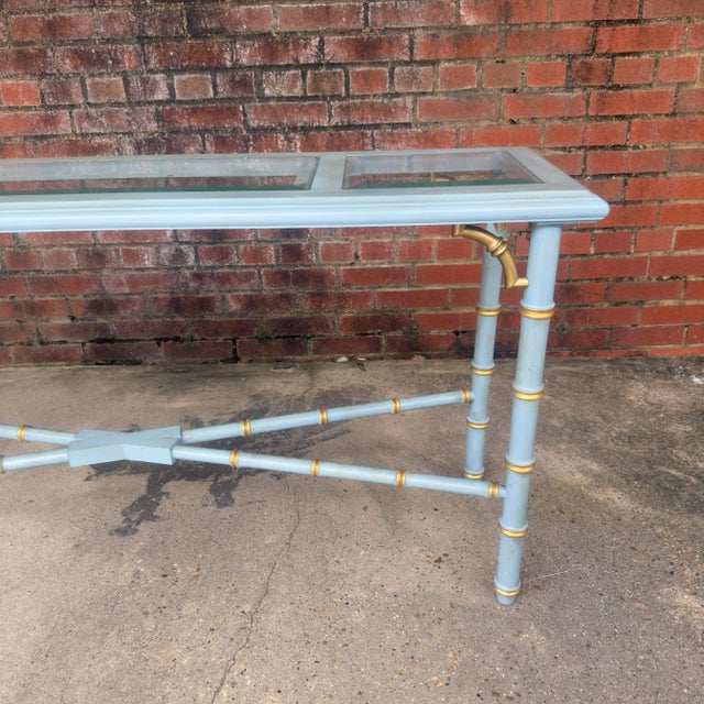 Glass Vintage French Blue and Gold Faux Bamboo Console Table Attributed to Lane Altiavista Newly Painted - Dorothy Draper Style For Sale - Image 7 of 11