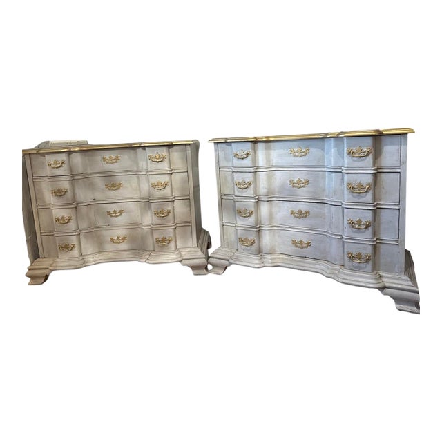 Vintage Gray and Gold Painted Gustavian Style Commodes - A Pair For Sale