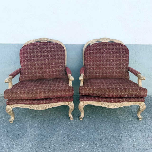 French Provincial Carved French Provincial Louis XV-style Fauteuil Armchairs - A Pair For Sale - Image 3 of 9